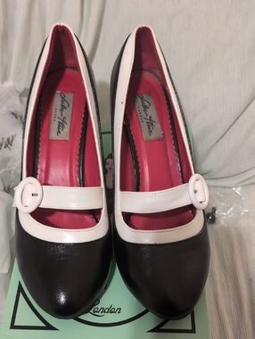 Lulu Hun Black and White Mary Jane Heels with Red Insole